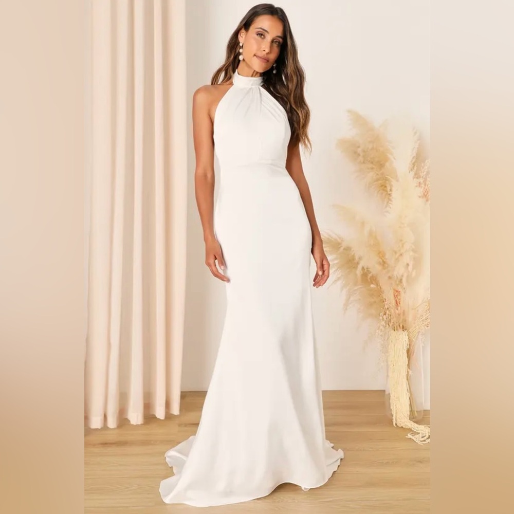 Lulus Weddings - Eternity Together White Satin Halter Mermaid Maxi Dress